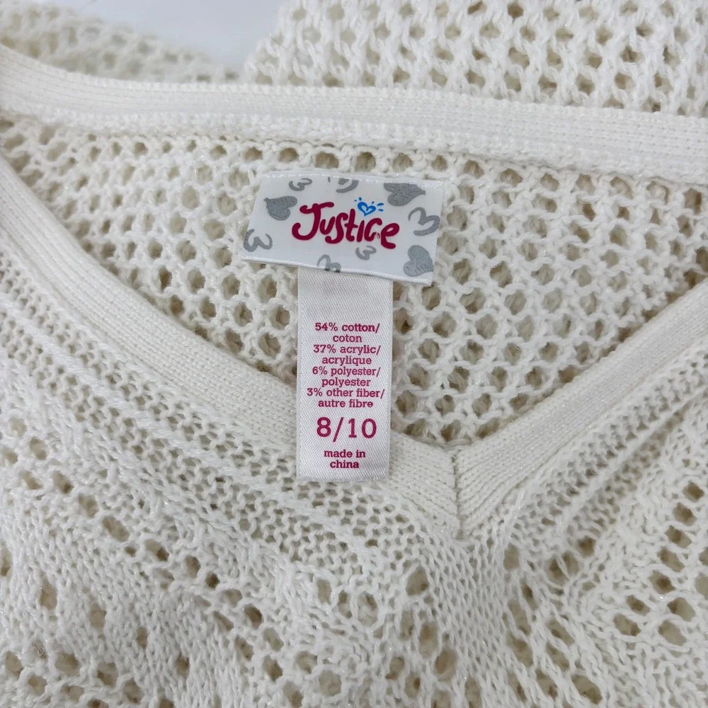 Justice Girls Ivory Crochet‎ Butterfly Fringe Poncho Top Shimmer Knit  Boho 8/10